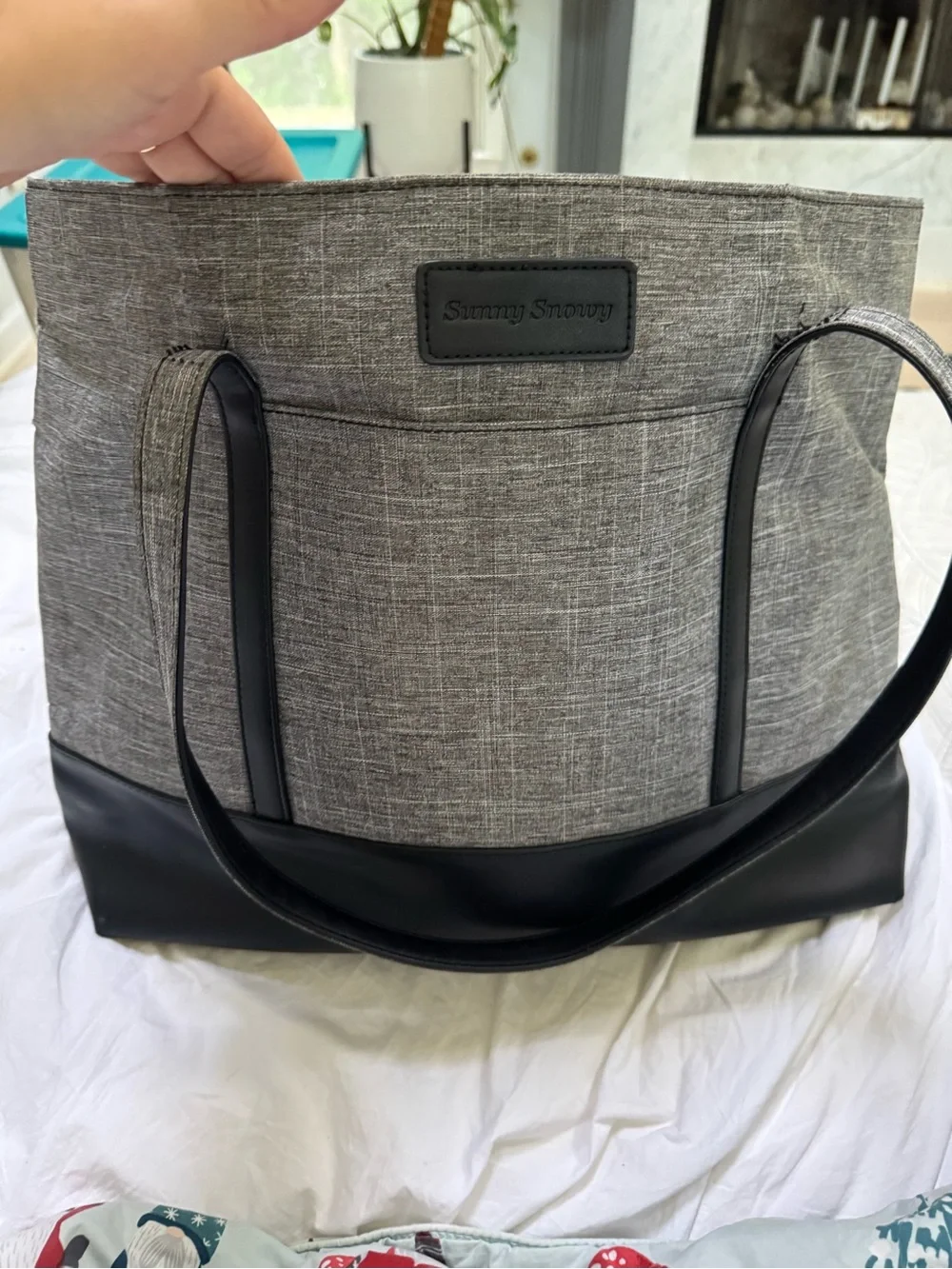 Sunny Snowy Gray Tote Bag for Men with Black Trim
